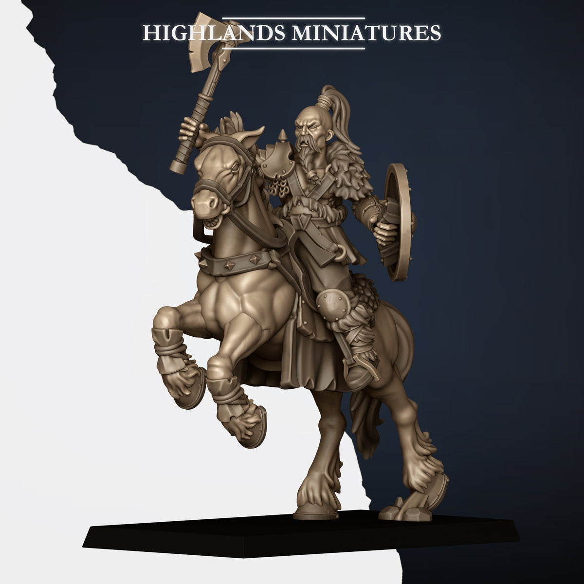 Mounted Norse Raiders Model C, axe raised and round shield, long hair and fur cloak, Highlands Miniatures render