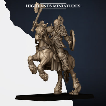 Mounted Norse Raiders Model C, axe raised and round shield, long hair and fur cloak, Highlands Miniatures render