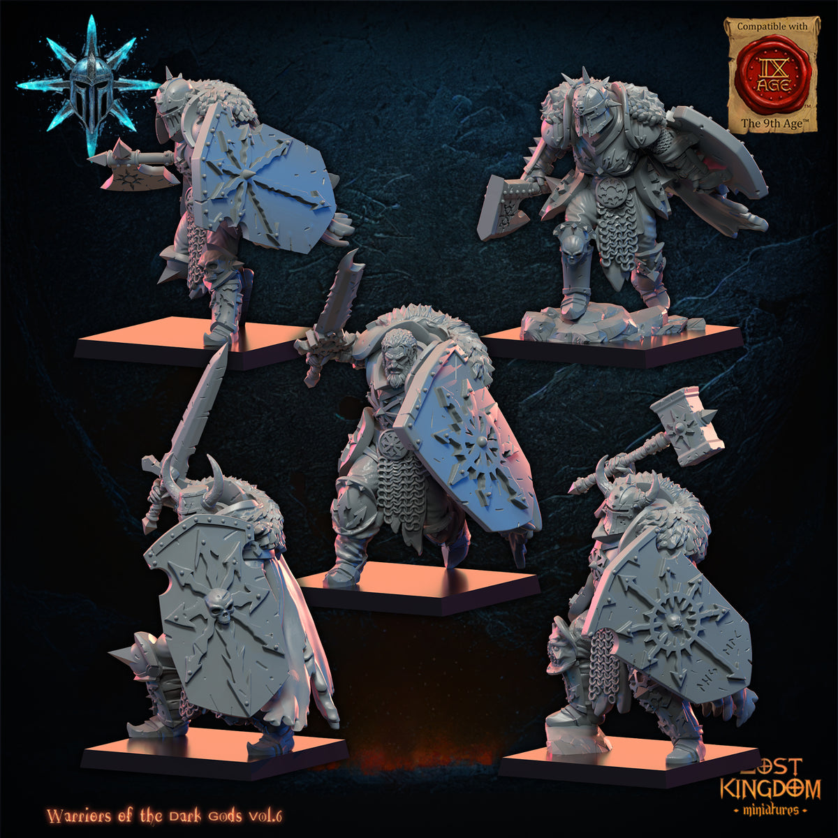 Dark Warriors, first five, three-quarter view from the left, Lost Kingdom Miniatures render