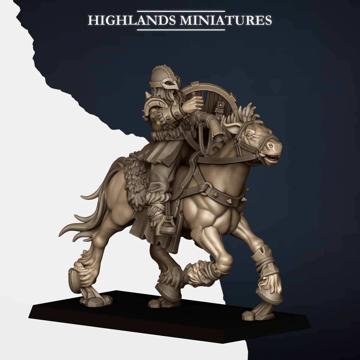 Mounted Norse Raiders musician (sold in the command group listing) with war horn, Highlands Miniatures render