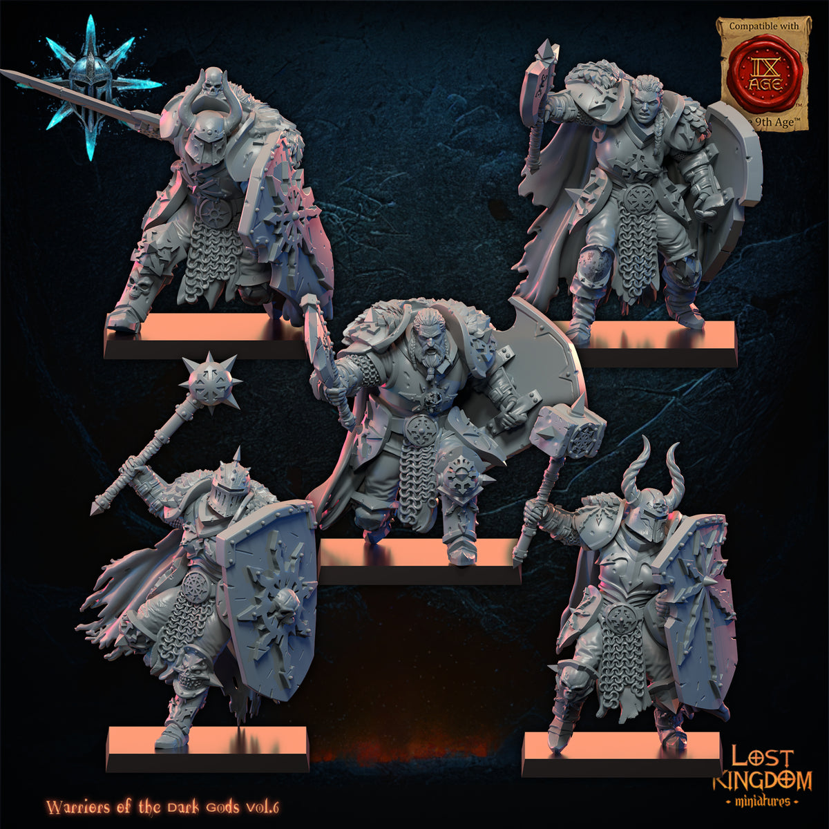 Dark Warriors, the second five warriors, front view, Lost Kingdom Miniatures render
