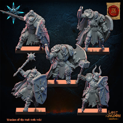 Dark Warriors, the second five warriors, front view, Lost Kingdom Miniatures render