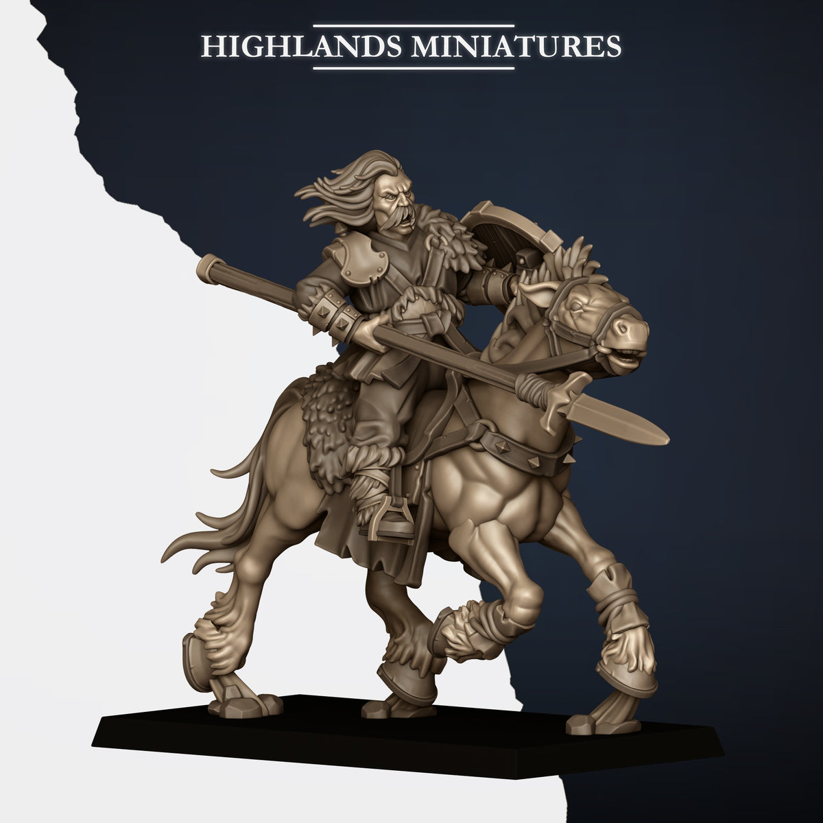 Mounted Norse Raiders Model J, sword swung and round shield, long hair, Highlands Miniatures render