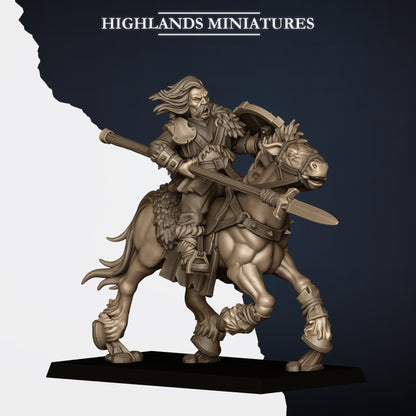 Mounted Norse Raiders Model J, sword swung and round shield, long hair, Highlands Miniatures render