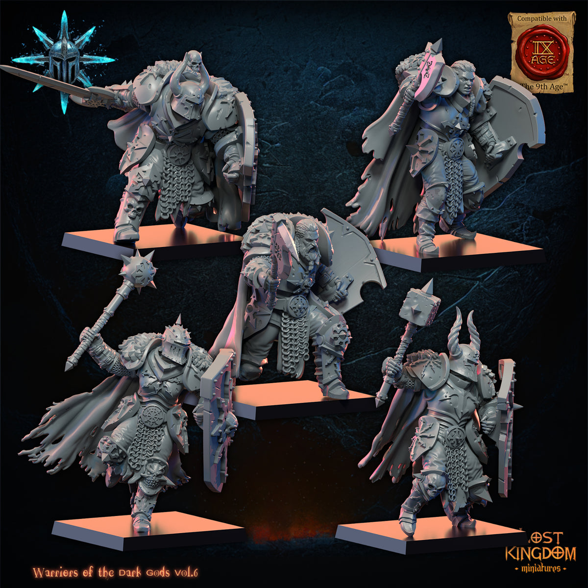 Dark Warriors, second five, three-quarter view from the right, Lost Kingdom Miniatures render