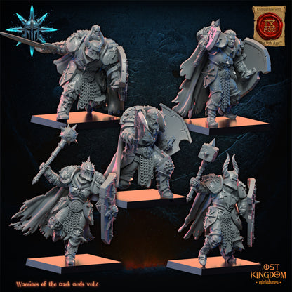 Dark Warriors, second five, three-quarter view from the right, Lost Kingdom Miniatures render