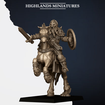 Mounted Norse Raiders Command Group captain with sword and round shield, horned helm, resin miniature by Highlands Miniatures