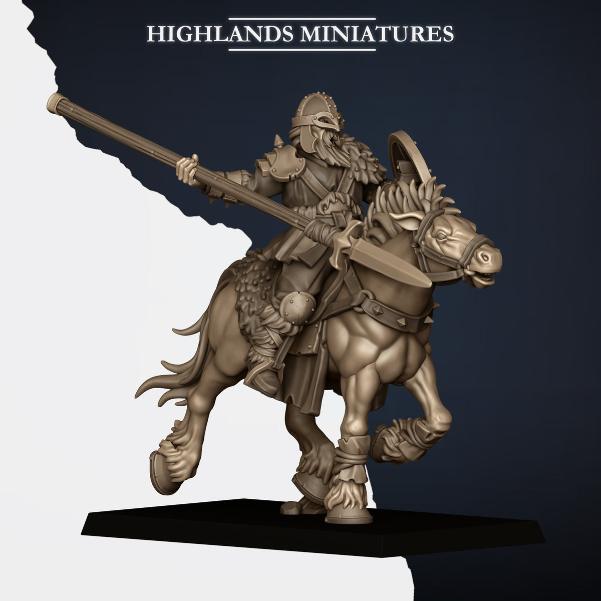 Mounted Norse Raiders Model I, spear couched and round shield, horned helm, Highlands Miniatures render