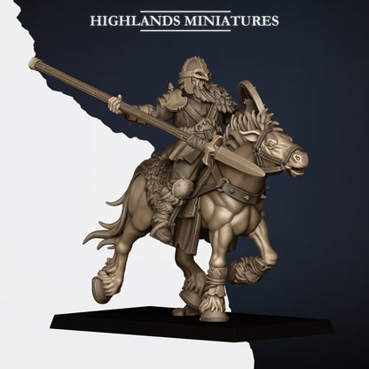 Mounted Norse Raiders Model I, spear couched and round shield, horned helm, Highlands Miniatures render