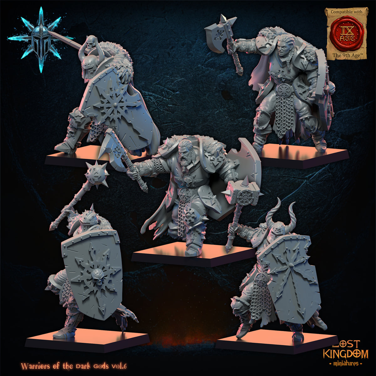 Dark Warriors, second five, three-quarter view from the left, Lost Kingdom Miniatures render