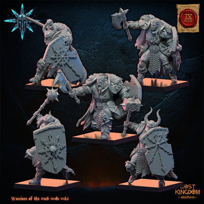 Dark Warriors, second five, three-quarter view from the left, Lost Kingdom Miniatures render