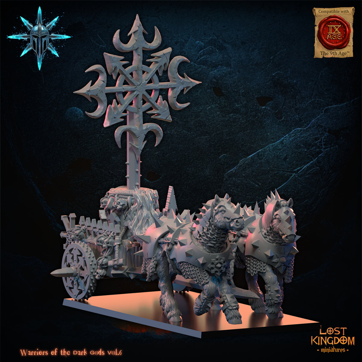 Dark Battleshrine, war altar of the Dark Gods on a scythed cart drawn by two armoured horses, front view, resin miniature kit by Lost Kingdom Miniatures