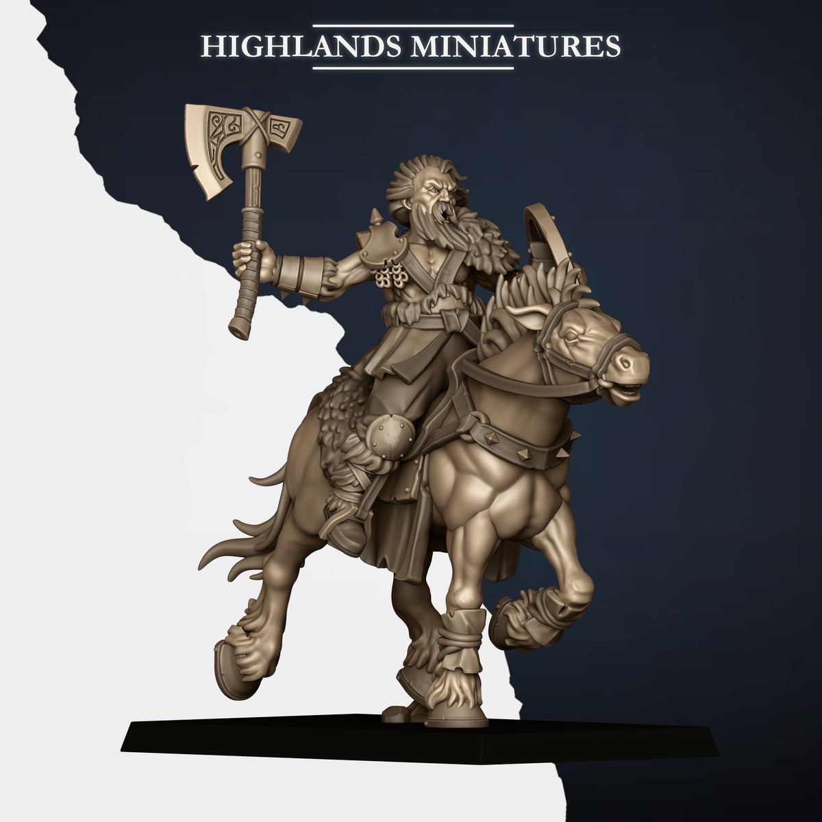 Mounted Norse Raiders Model D, axe and round shield, horned helm, arm raised, Highlands Miniatures render