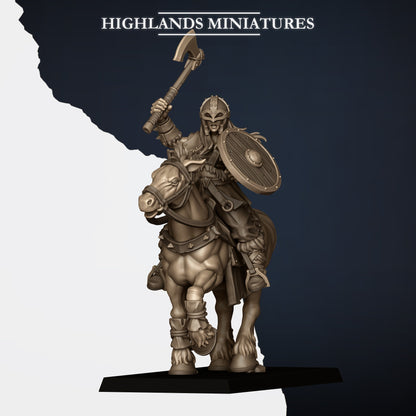 Mounted Norse Raiders Model F, axe raised and round shield, spangenhelm, Highlands Miniatures render