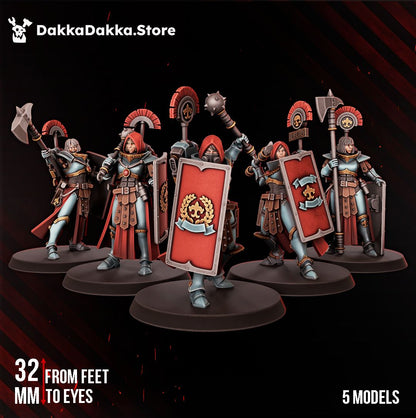 Legio Artemis Eruptrix Squad, five female shield and melee battle sisters, 32mm resin miniatures by Dakka Dakka Store