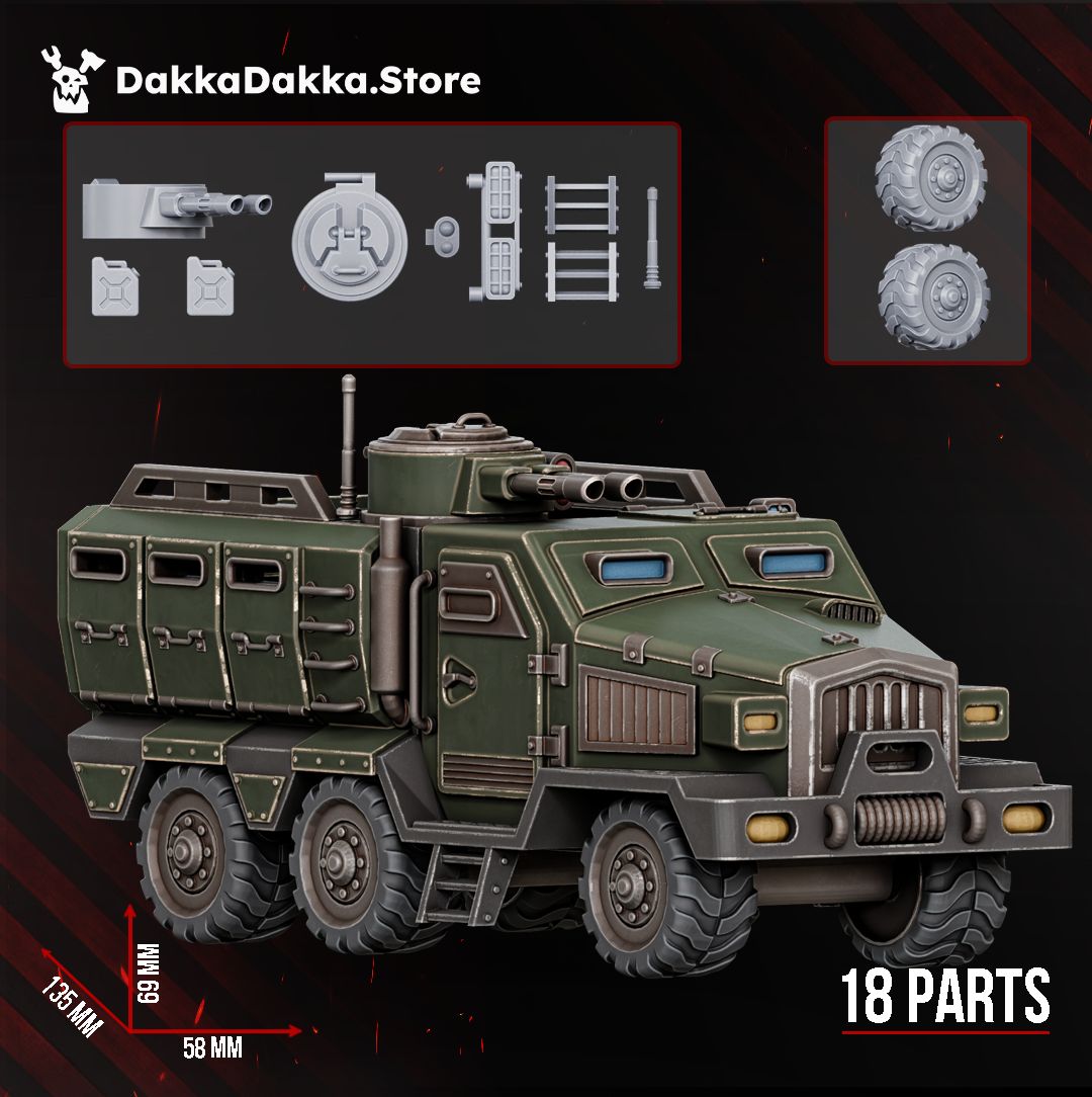 Render of Dinofelis WTV D8 6x6 Armoured Transport | 32mm Sci-Fi Resin Vehicle: Six-wheeled armoured personnel carrier, a 3D printed resin vehicle at 32mm scale. Proxy for an Astra Militarum armoured transport. 18 parts, all bits included.