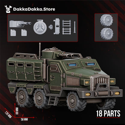 Render of Dinofelis WTV D8 6x6 Armoured Transport | 32mm Sci-Fi Resin Vehicle: Six-wheeled armoured personnel carrier, a 3D printed resin vehicle at 32mm scale. Proxy for an Astra Militarum armoured transport. 18 parts, all bits included.