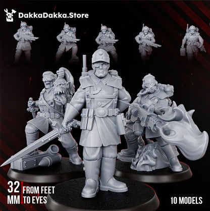 Doomsday Division squad group shot with officer, flamer trooper and trophy taker, 32mm resin miniatures