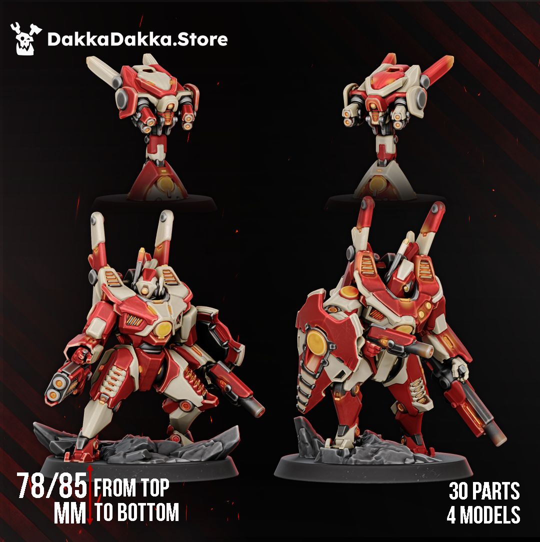 Both battlesuits and both drones shown front and rear, 78mm and 85mm tall, 30 parts