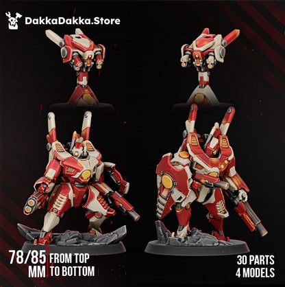 Both battlesuits and both drones shown front and rear, 78mm and 85mm tall, 30 parts