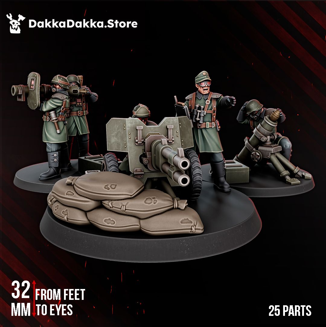 Three crewed heavy weapon teams of grimdark trench guardsmen, the wheeled gun, missile launcher and mortar teams together