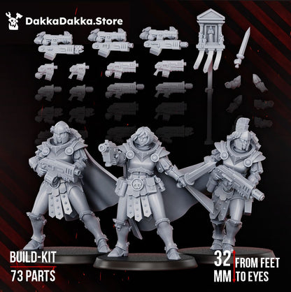 Build kit overview, 73 parts shown with three example battle sisters assembled from them
