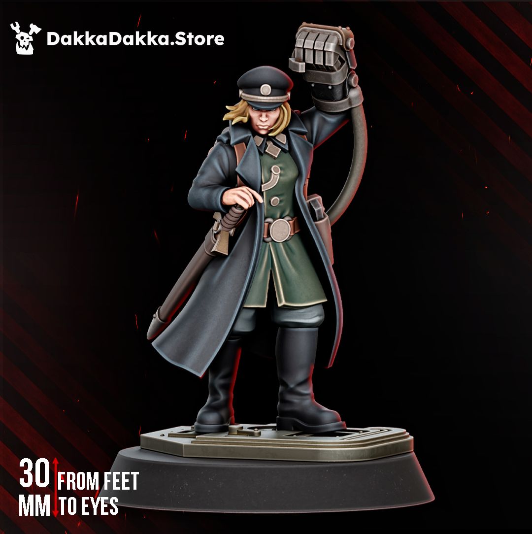 Kommissar Graber, female commissar political officer in a greatcoat with a power fist, sci-fi resin miniature by Dakka Dakka Store
