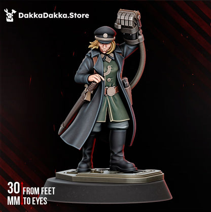 Kommissar Graber, female commissar political officer in a greatcoat with a power fist, sci-fi resin miniature by Dakka Dakka Store