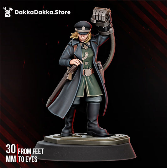 Kommissar Graber, female commissar political officer in a greatcoat with a power fist, sci-fi resin miniature by Dakka Dakka Store