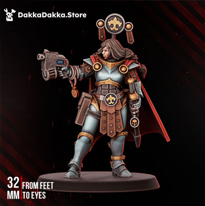 Legio Artemis Emissarius, female power-armoured sister envoy with halo nimbus and pistol, 32mm resin miniature by Dakka Dakka Store