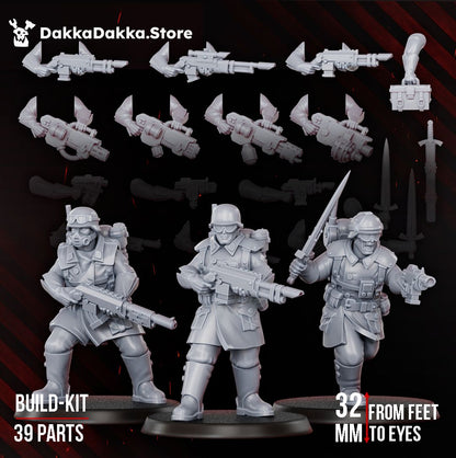 Doomsday Infantry Squad build kit of 39 parts with three example trench guard models assembled, 32mm from feet to eyes