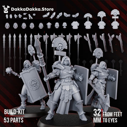 Eruptrix build kit parts with three example sisters assembled from them, 32mm to eyes