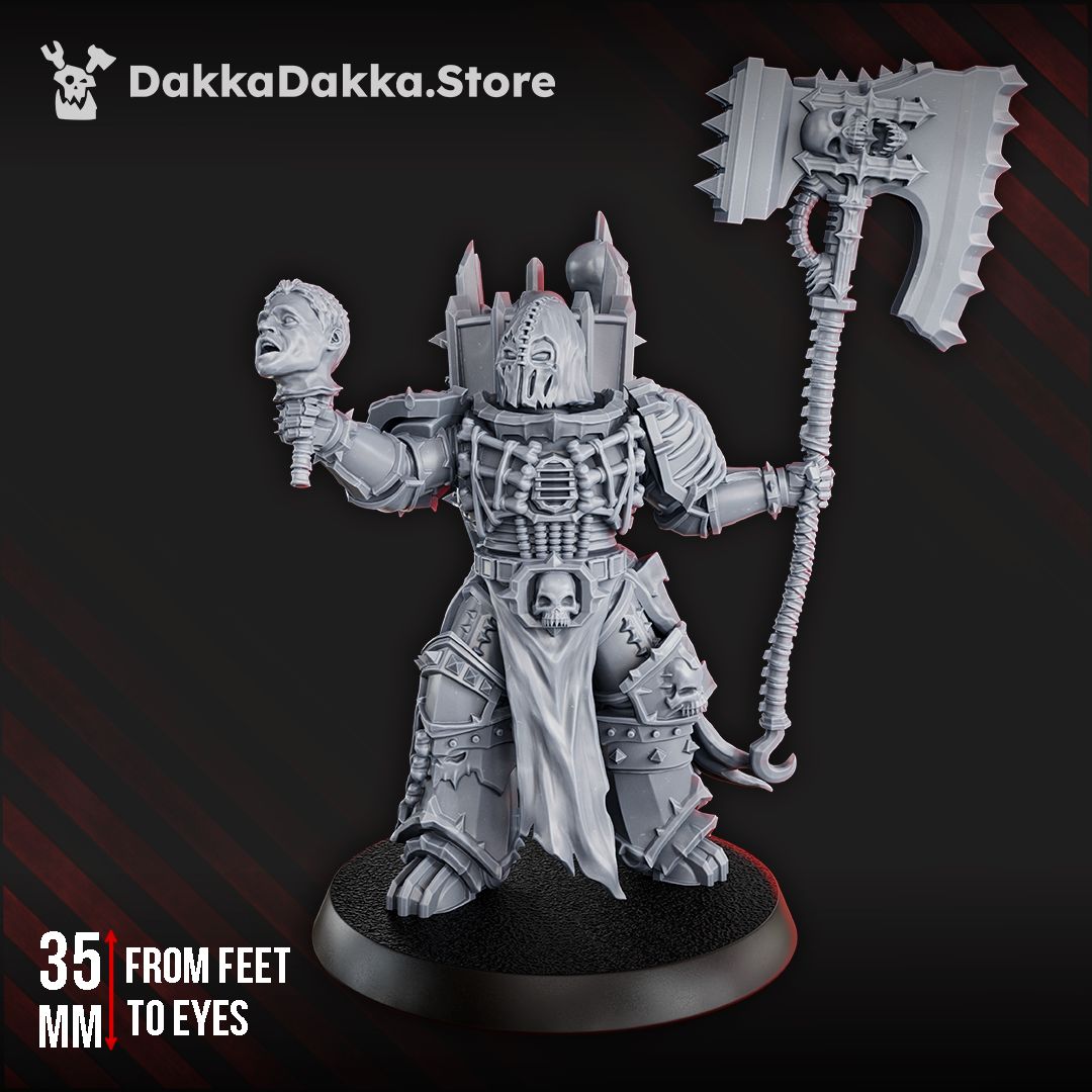 Chaos warlord in skull motif power armor and robed tabard holding a severed head, with a two handed skull axe over the shoulder