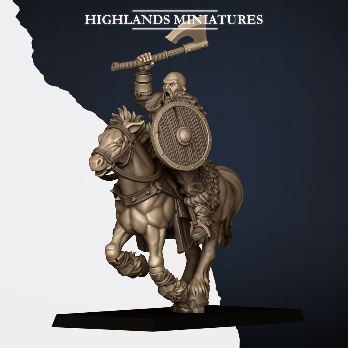 Mounted Norse Raiders Model B, axe raised and round shield, bearded, horse rearing, Highlands Miniatures render