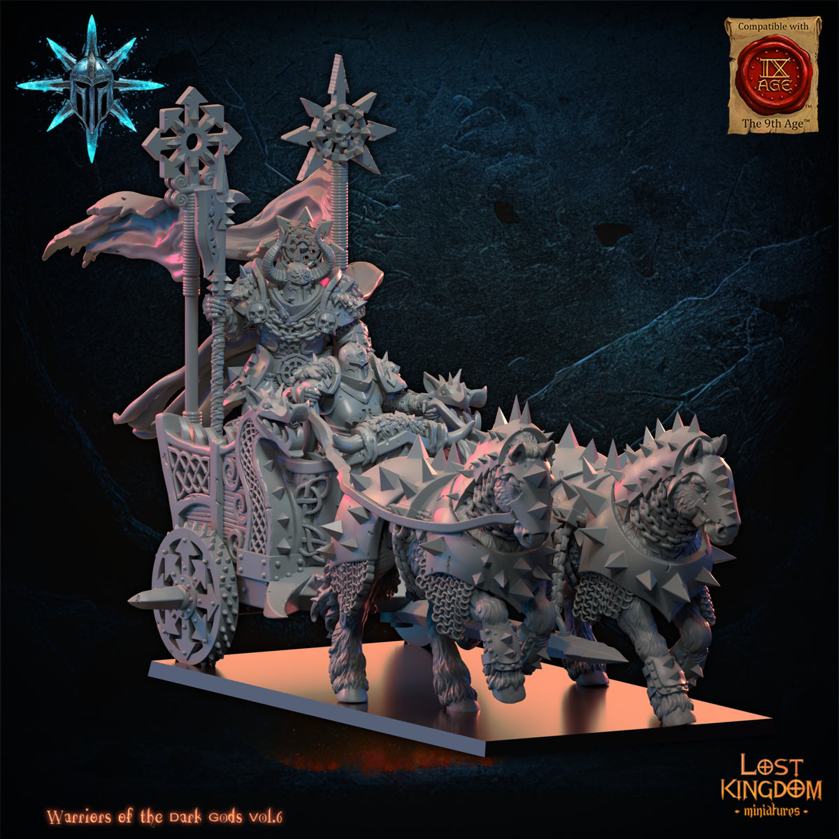 Dark Chariot, scythed chariot of the Dark Gods drawn by two armoured horses with champion and driver, front view, resin miniature kit by Lost Kingdom Miniatures