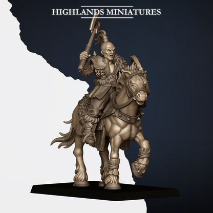 Mounted Norse Raiders Model A, axe raised and round shield, bare-headed, Highlands Miniatures render