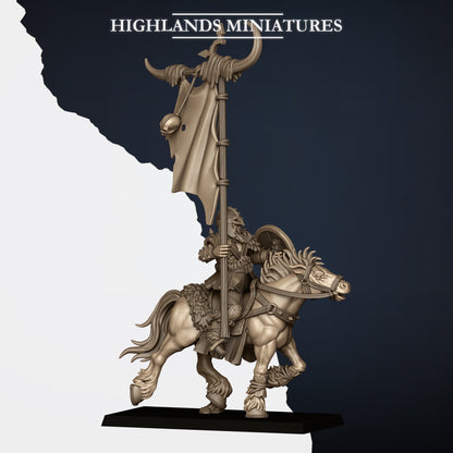 Mounted Norse Raiders Command Group bannerman with the tall horned unit banner, Highlands Miniatures render