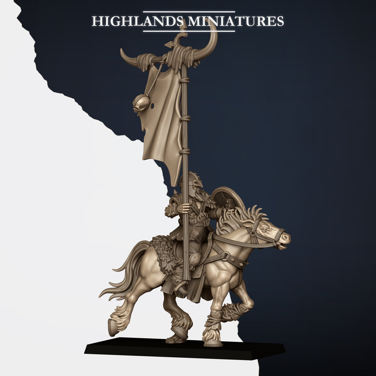 Mounted Norse Raiders bannerman (sold in the command group listing) with the tall horned banner, Highlands Miniatures render