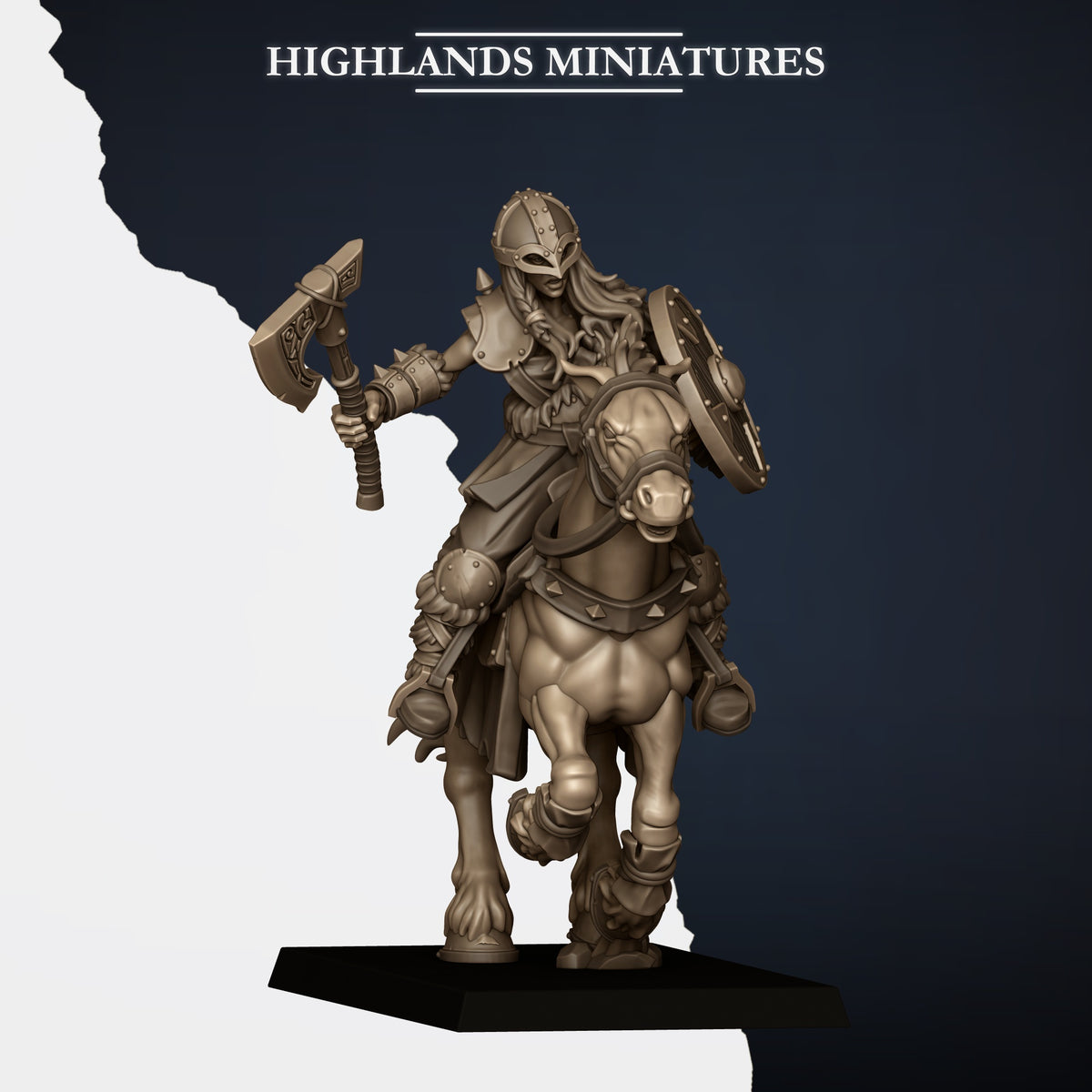 Mounted Norse Raiders Model G, axe and round shield, spiked helm, Highlands Miniatures render