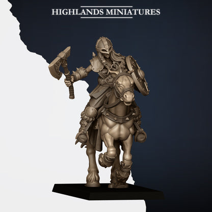 Mounted Norse Raiders Model G, axe and round shield, spiked helm, Highlands Miniatures render