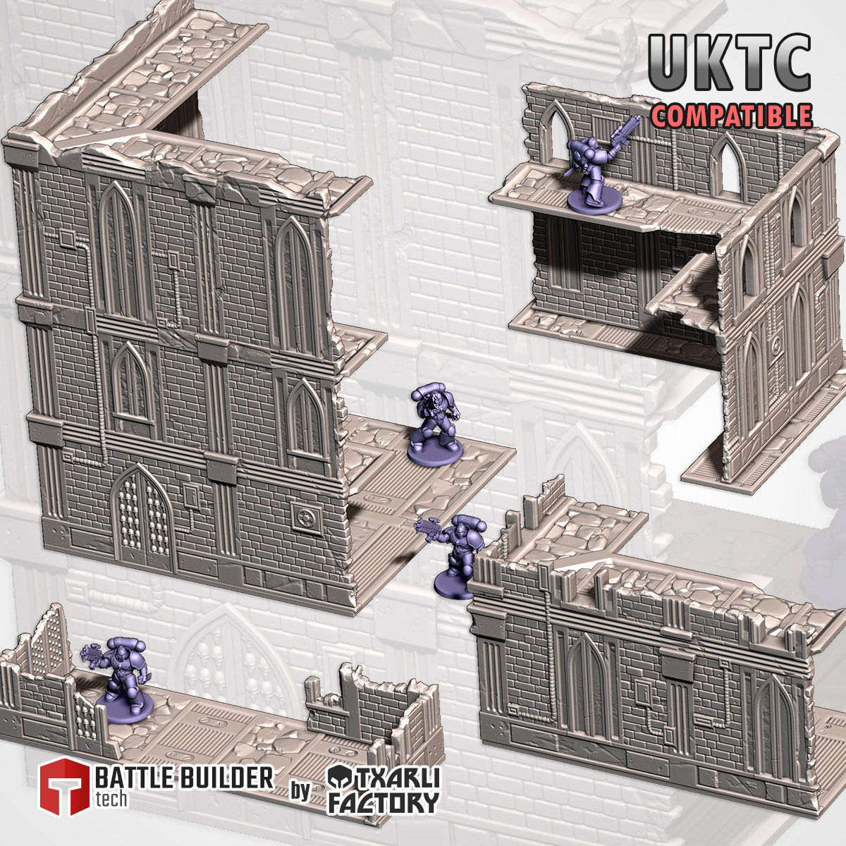Cathedral Ruins UKTC Compatible full set: large, medium and small gothic ruins with floor decks and corner ruins beside 32mm figures (Txarli Factory render)