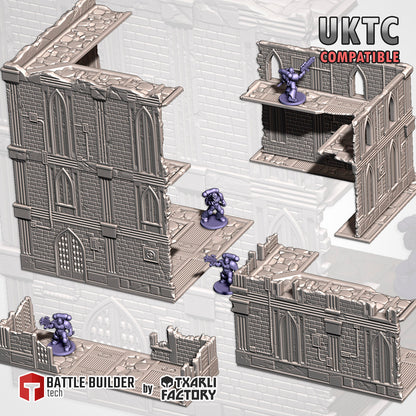 Cathedral Ruins UKTC Compatible full set: large, medium and small gothic ruins with floor decks and corner ruins beside 32mm figures (Txarli Factory render)