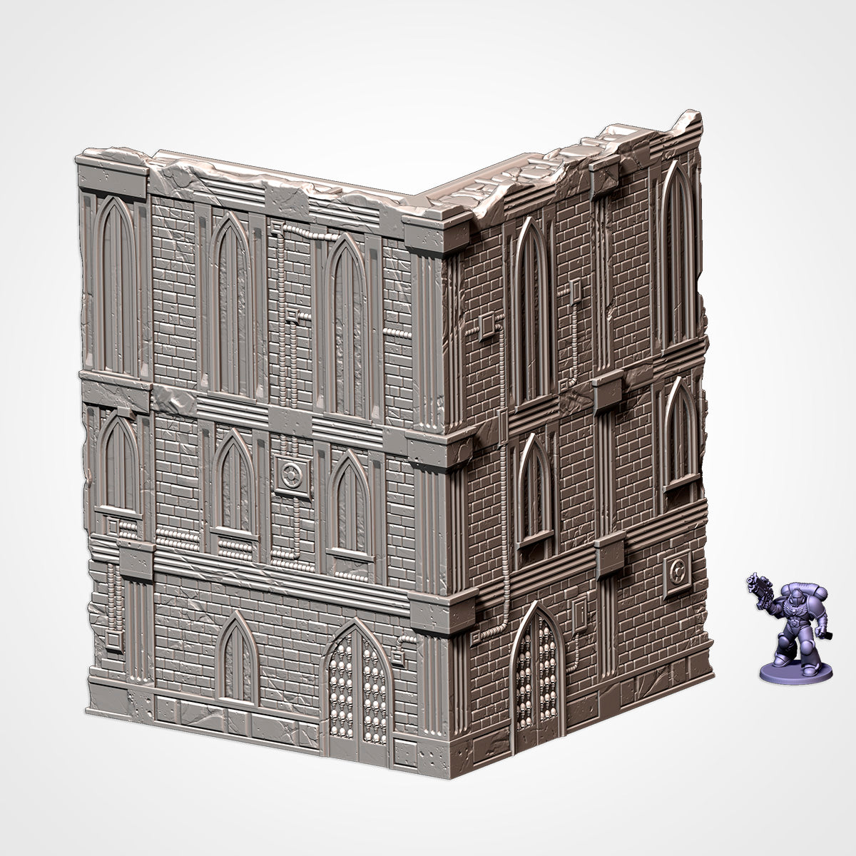 Large Ruin: three-storey gothic corner ruin beside a 32mm figure (Txarli Factory render)