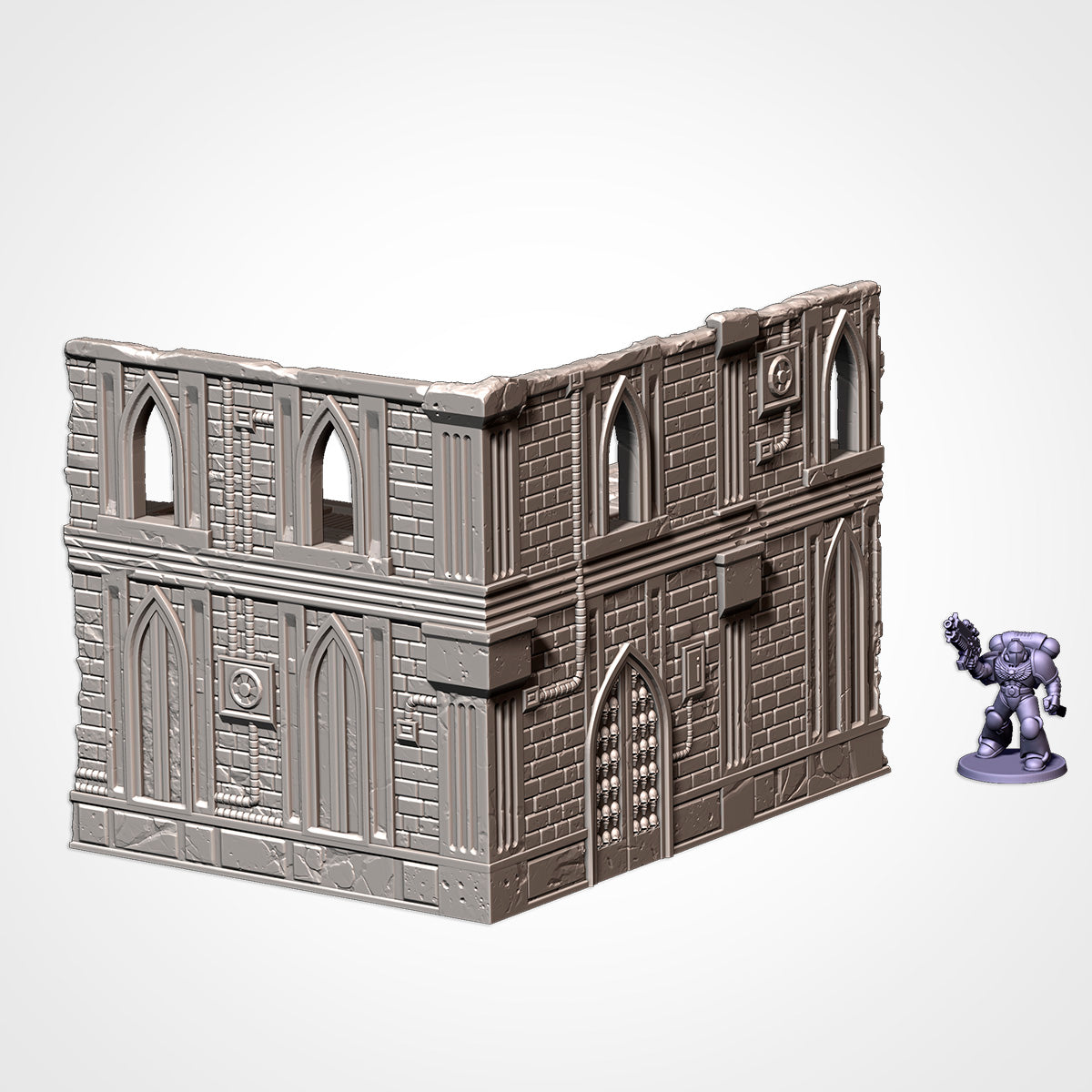 Medium Ruin: two-storey gothic corner ruin beside a 32mm figure (Txarli Factory render)