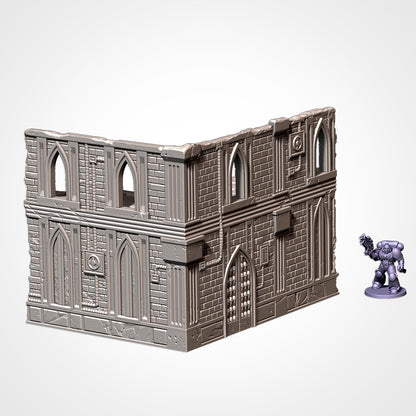 Medium Ruin: two-storey gothic corner ruin beside a 32mm figure (Txarli Factory render)