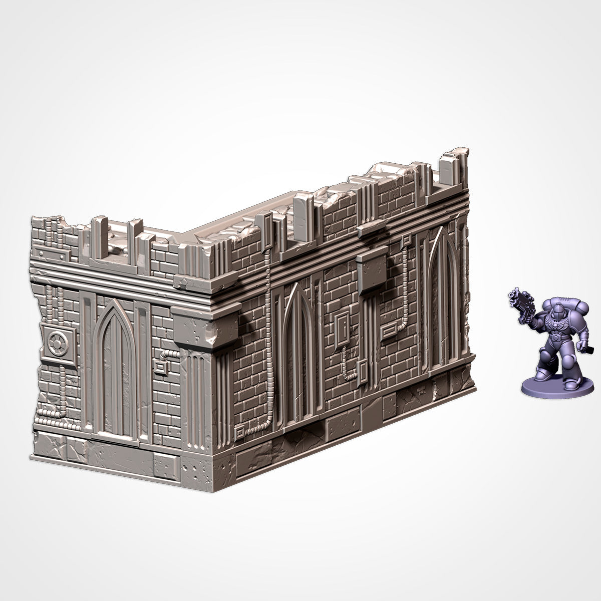 Small Ruin: gothic corner ruin with crenellated walkway beside a 32mm figure (Txarli Factory render)