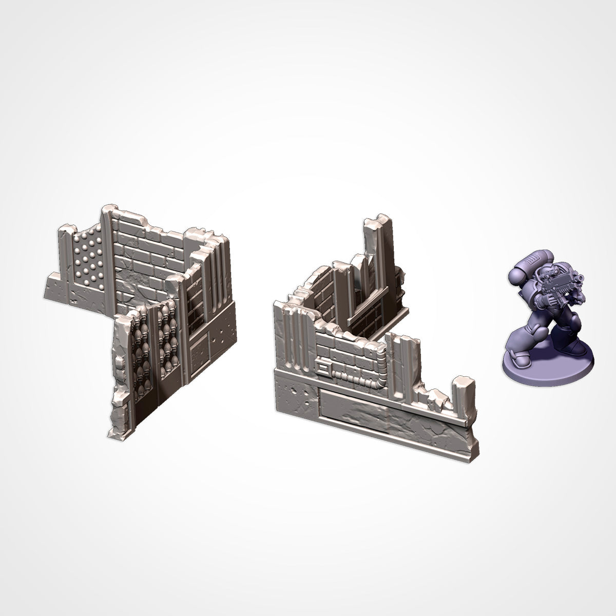 Ruin A and Ruin B: low corner ruins beside a 32mm figure (Txarli Factory render)