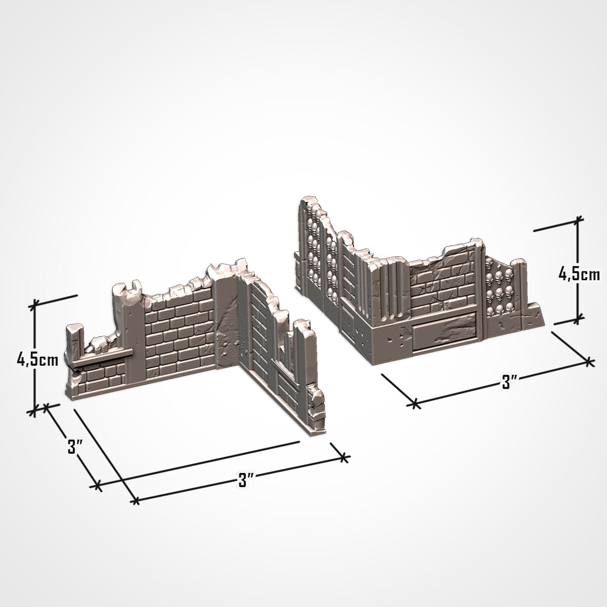 Ruin A and Ruin B: 3 x 3 in corner ruins, 4.5 cm tall (Txarli Factory render)