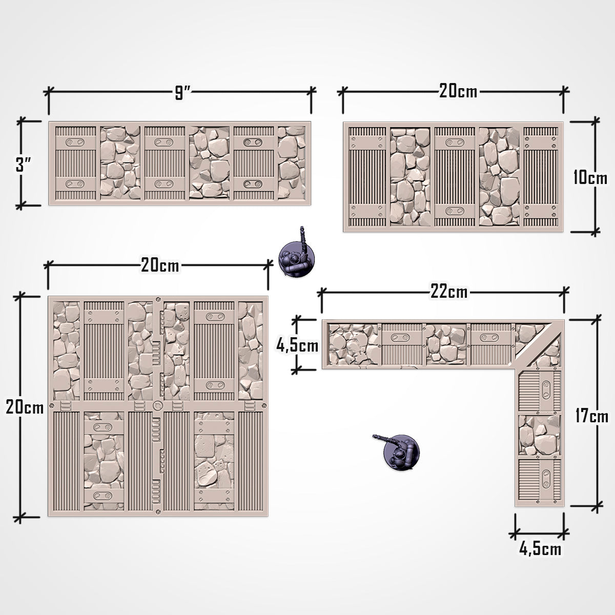 Footprints: 9 x 3 in, 20 x 10 cm, 20 x 20 cm and L-shaped 22 x 17 cm footprints with measurements (Txarli Factory render)