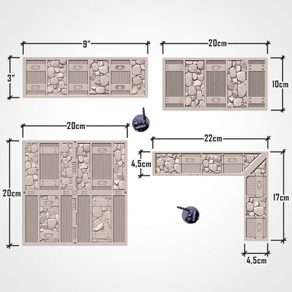 Footprints: 9 x 3 in, 20 x 10 cm, 20 x 20 cm and L-shaped 22 x 17 cm footprints with measurements (Txarli Factory render)